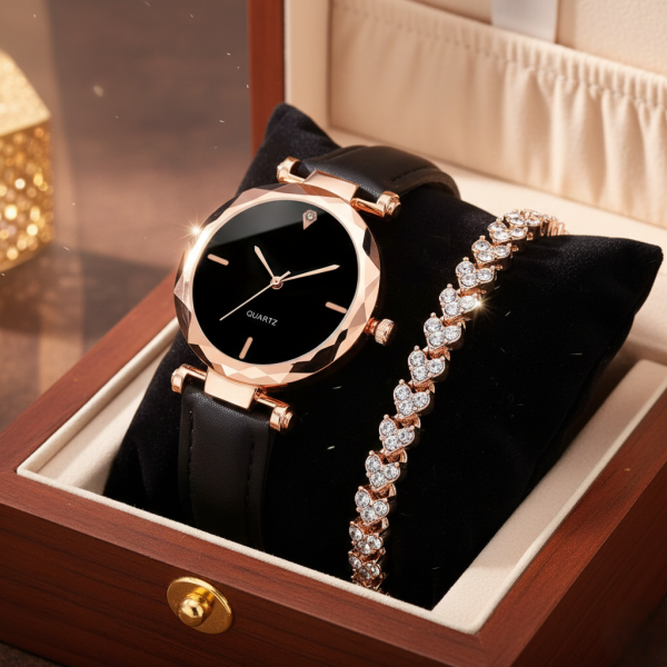 Елегантен дамски комплект часовник и гривна с розово злато 1