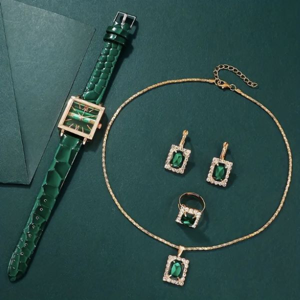 Елегантен комплект часовник и бижута с зелени кристали и златист корпус