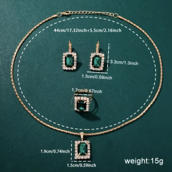 Елегантен комплект часовник и бижута с зелени кристали и златист корпус 5