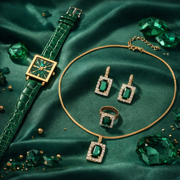 Елегантен комплект часовник и бижута с зелени кристали и златист корпус 2