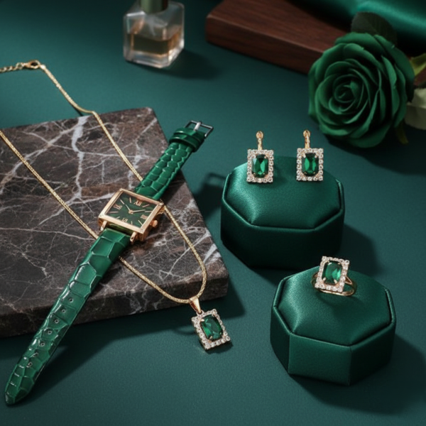 Елегантен комплект часовник и бижута с зелени кристали и златист корпус