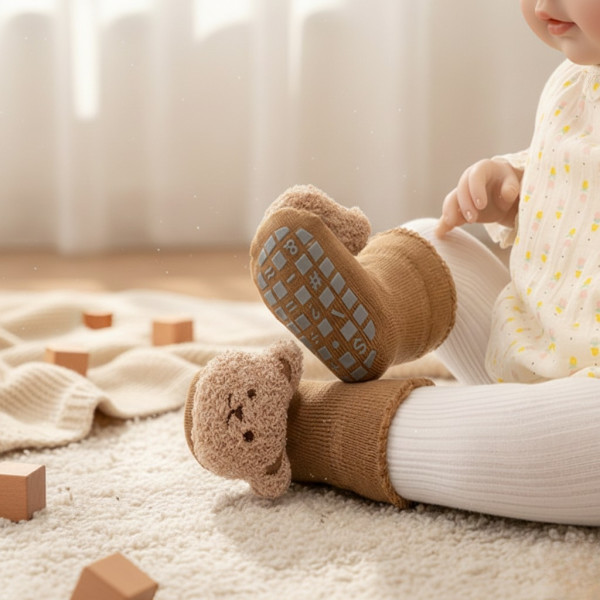 Неплъзгащи се бебешки чорапи с дизайн на мече - Незаменим комфорт и безопасност 1