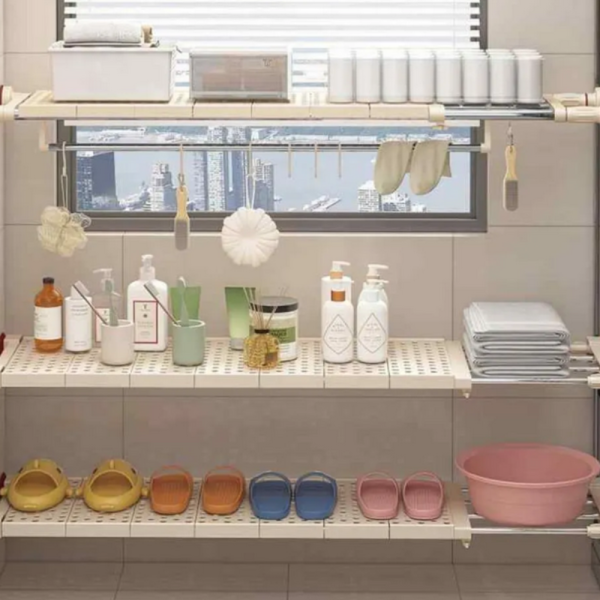 Разтегателен телескопичен рафт без пробиване 50–80 см – универсално решение за кухня, баня и гардероб