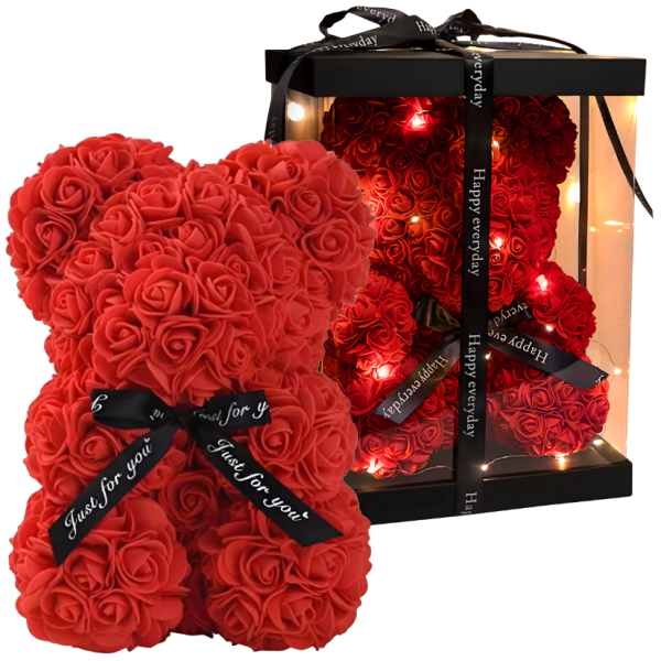 Плюшено мече с LED рози - подарък за мама, момиче, баба - комплект вечни рози 25 см 1