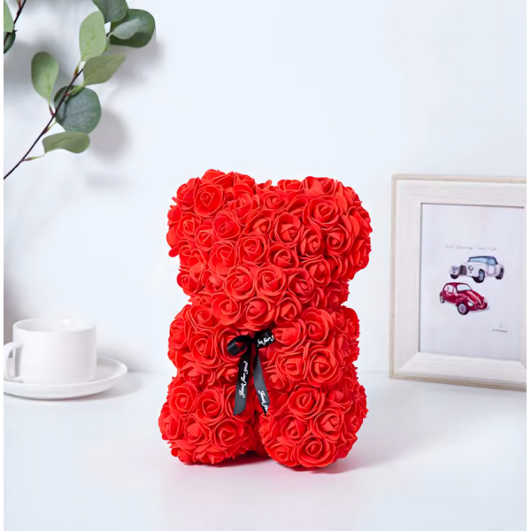 Плюшено мече с LED рози - подарък за мама, момиче, баба - комплект вечни рози 25 см