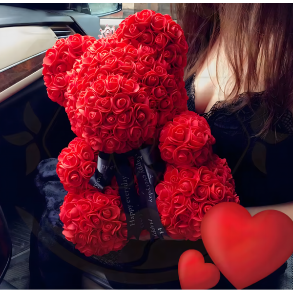 Плюшено мече с LED рози - подарък за мама, момиче, баба - комплект вечни рози 25 см