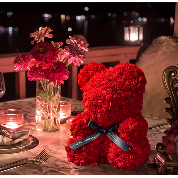 Плюшено мече с LED рози - подарък за мама, момиче, баба - комплект вечни рози 25 см 9