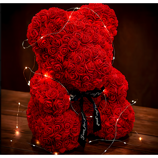 Плюшено мече с LED рози - подарък за мама, момиче, баба - комплект вечни рози 25 см