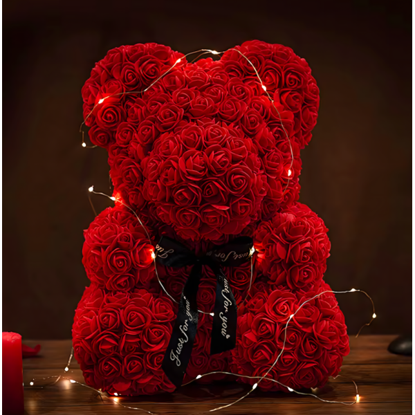 Плюшено мече с LED рози - подарък за мама, момиче, баба - комплект вечни рози 25 см 12
