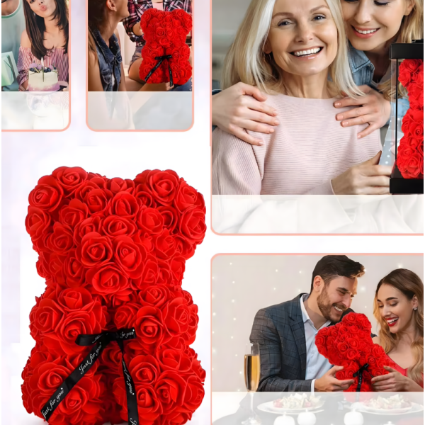 Плюшено мече с LED рози - подарък за мама, момиче, баба - комплект вечни рози 25 см 13