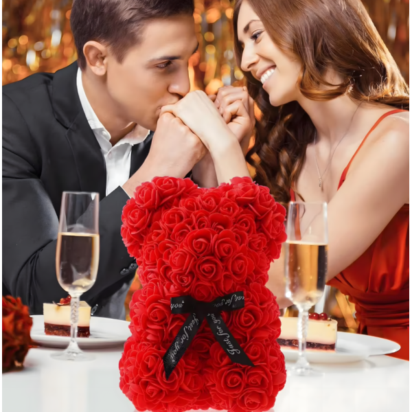 Плюшено мече с LED рози - подарък за мама, момиче, баба - комплект вечни рози 25 см