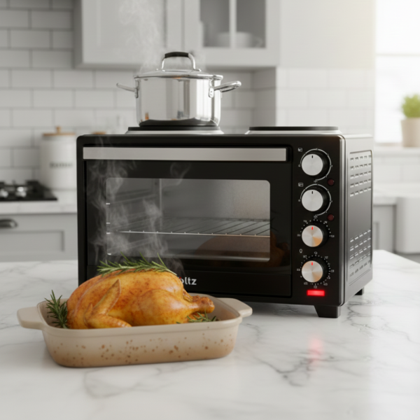 Готварска печка Voltz с фурна и 2 котлона 3200W, компактна електрическа печка за кухня