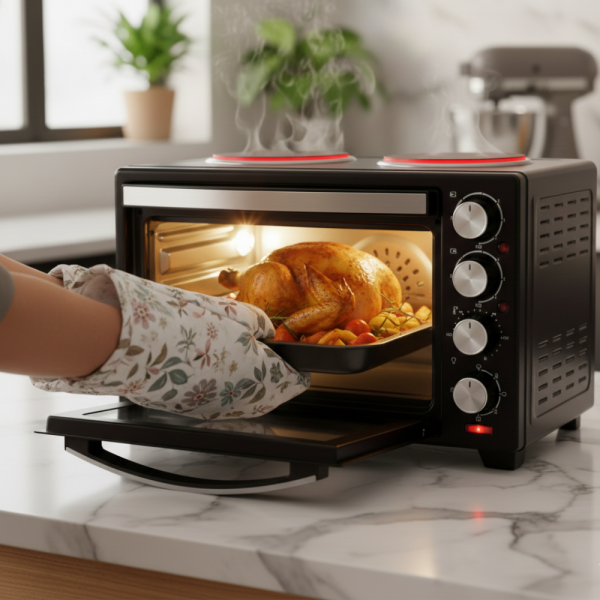 Готварска печка Voltz с фурна и 2 котлона 3200W, компактна електрическа печка за кухня