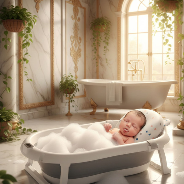 Сгъваема бебешка вана с термометър и възглавница 3