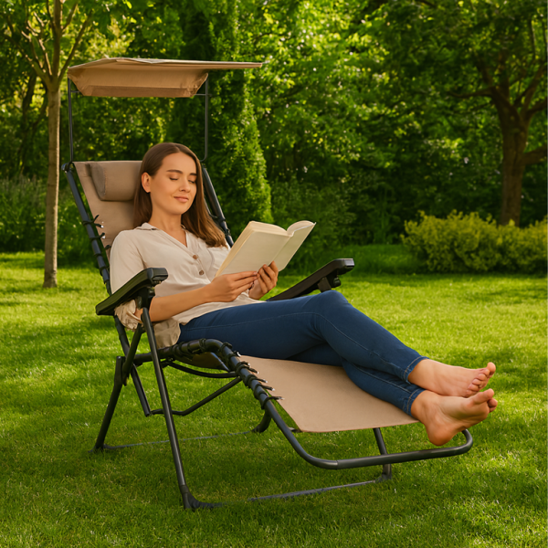 Сгъваем градински шезлонг с нулева гравитация и сенник – комфорт за пълна релаксация