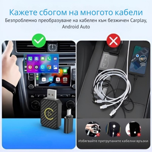 Безжичен адаптер за CarPlay и Android Auto – Plug & Play, Bluetooth 5.0, двулентов Wi-Fi 2.4/5GHz 4