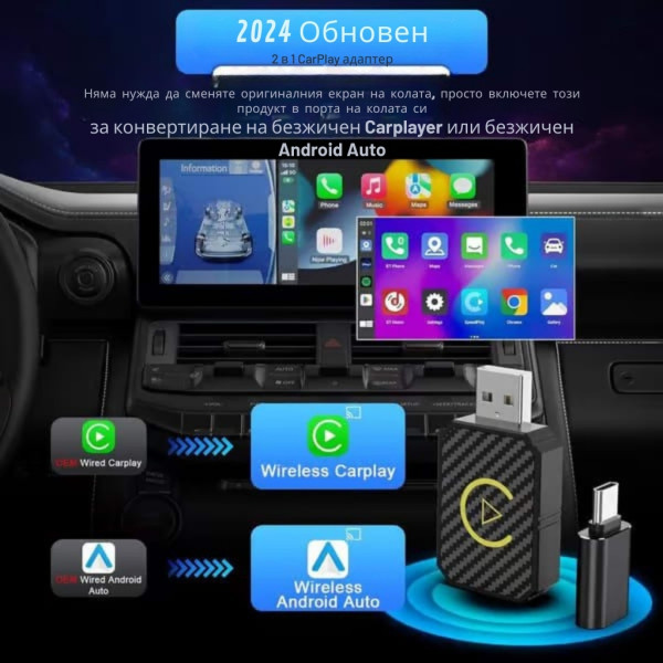 Безжичен адаптер за CarPlay и Android Auto – Plug & Play, Bluetooth 5.0, двулентов Wi-Fi 2.4/5GHz