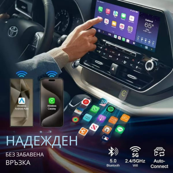 Безжичен адаптер за CarPlay и Android Auto – Plug & Play, Bluetooth 5.0, двулентов Wi-Fi 2.4/5GHz 10