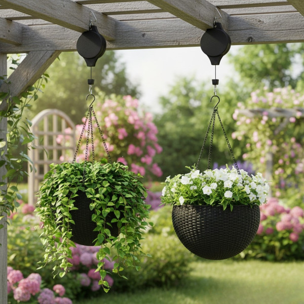 Телескопична градинска кука с прибираща се макара за висящи растения и декорации