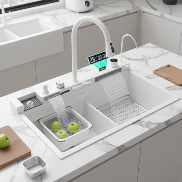 Умна кухненска мивка с изтеглящ се кран – LED дисплей, водопад, филтрирана вода и пълен комплект за модерна кухня 1