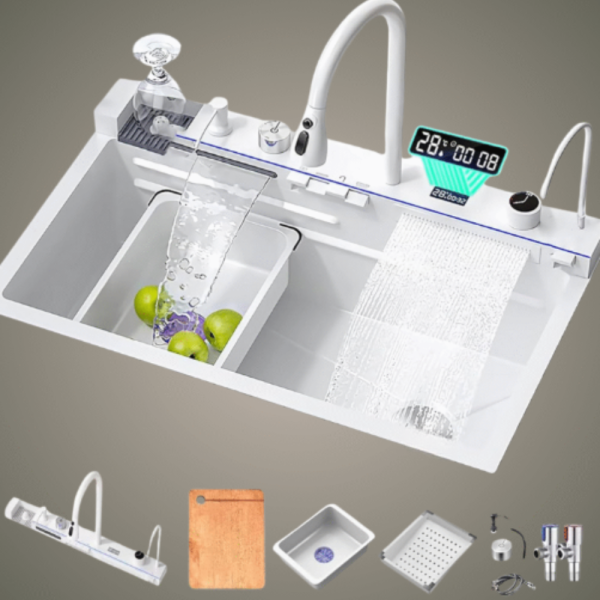 Умна кухненска мивка с изтеглящ се кран – LED дисплей, водопад, филтрирана вода и пълен комплект за модерна кухня