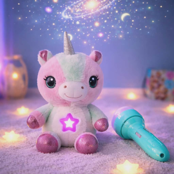 Плюшена играчка с нощна лампа 2в1 + детски фенер-проектор със светлинни картинки – комплект за уют и игра WJ53+WJ41 1