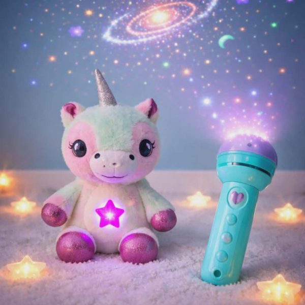 Плюшена играчка с нощна лампа 2в1 + детски фенер-проектор със светлинни картинки – комплект за уют и игра WJ53+WJ41 2