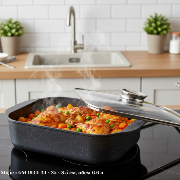 Ростер Goldman с мраморно покритие – правоъгълен съд с капак, 5.5 л и 6.6 л, за фурна и всички котлони