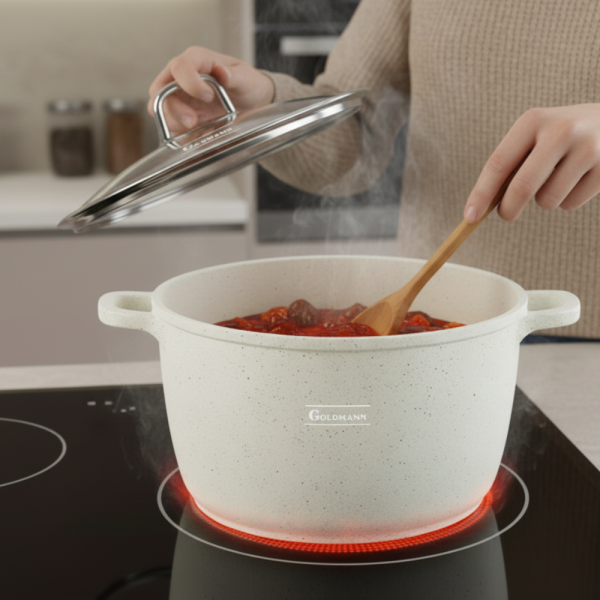 Дълбока тенджера Goldmann GM-0624B с мраморно покритие, 24 см, 6.2 л, индукция 999GM0624B