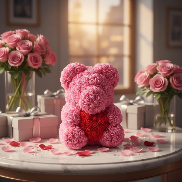 Мече от рози с подаръчна кутия в различни цветове 7