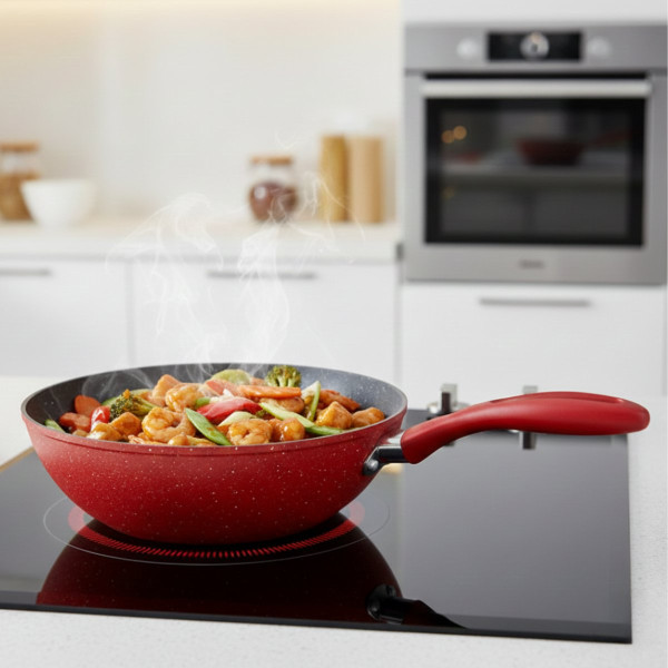 Уок тиган Voltz OV54420A28 Ø28 см – мраморно незалепващо покритие, индукционен, червен 1
