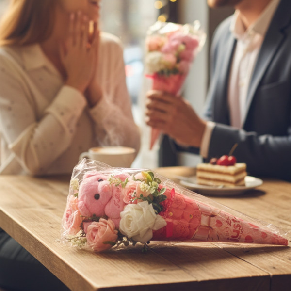 Декоративен подаръчен букет с плюшено мече и изкуствени цветя 1