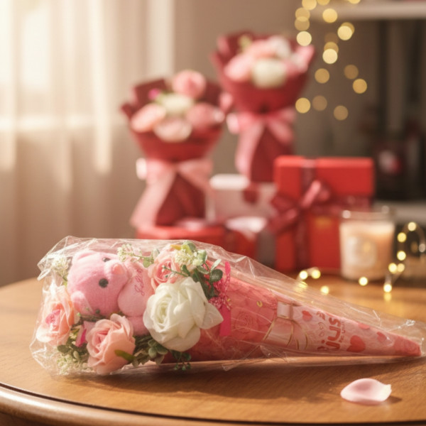 Декоративен подаръчен букет с плюшено мече и изкуствени цветя 4