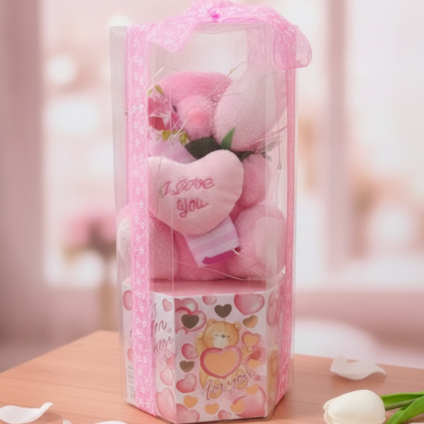 Подаръчен комплект с плюшено мече и надпис „Love you“ в прозрачна кутия 1