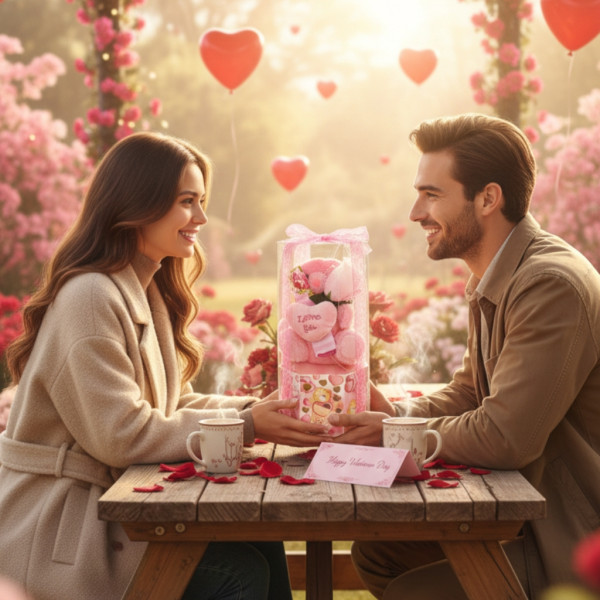 Подаръчен комплект с плюшено мече и надпис „Love you“ в прозрачна кутия 5