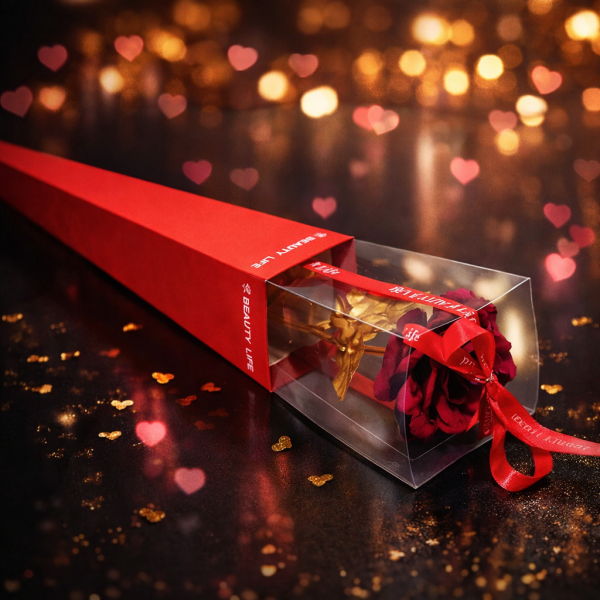 Декоративна роза със златно стъбло в подаръчна кутия 3