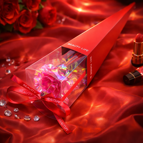 Декоративна роза със златно стъбло в подаръчна кутия 4