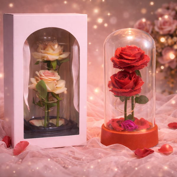 Декоративни рози в прозрачен купол и елегантна опаковка 1