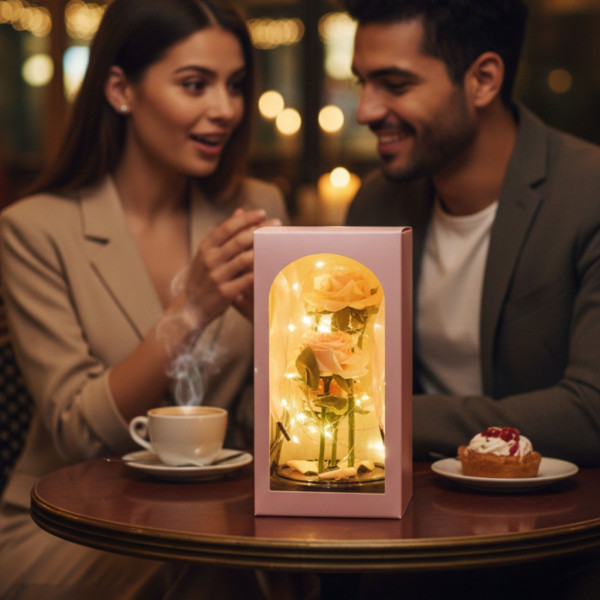 Декоративни рози в прозрачен купол и елегантна опаковка