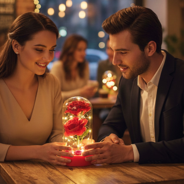 Декоративни рози в прозрачен купол и елегантна опаковка 4