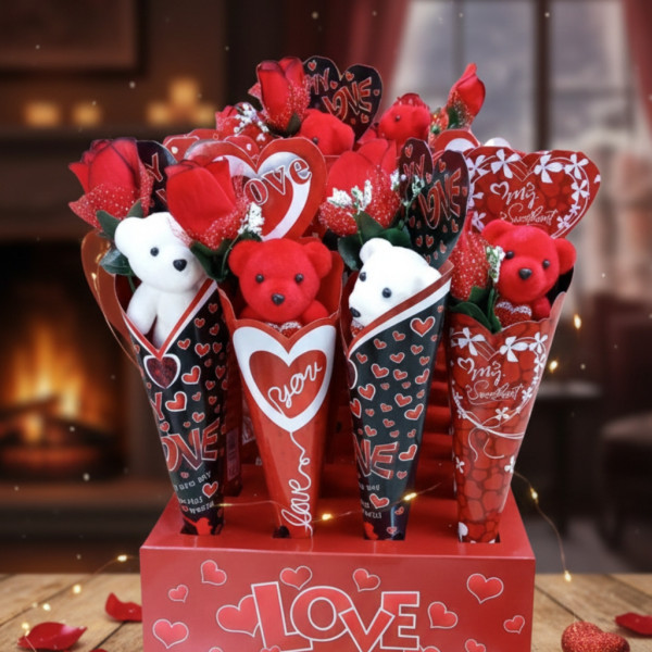 Романтичен букет с плюшено мече и роза 5