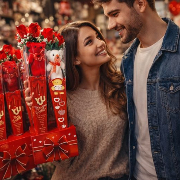 Романтичен букет с плюшено мече и роза