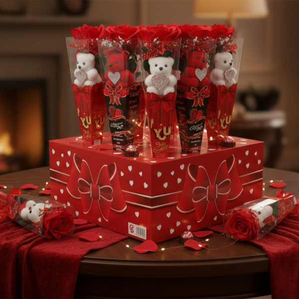 Романтичен букет с мече и червени рози