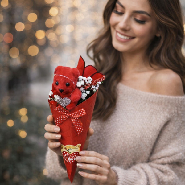 Романтичен букет с мече и червени рози 2