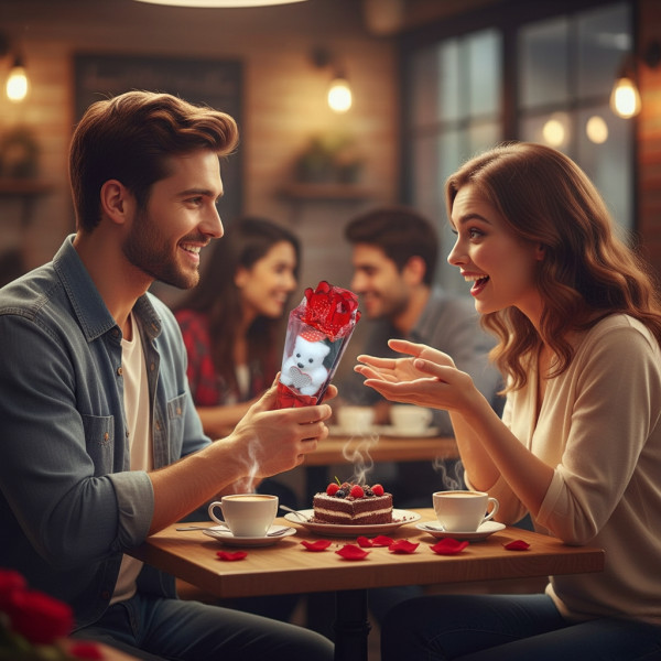 Романтичен букет с мече и червени рози