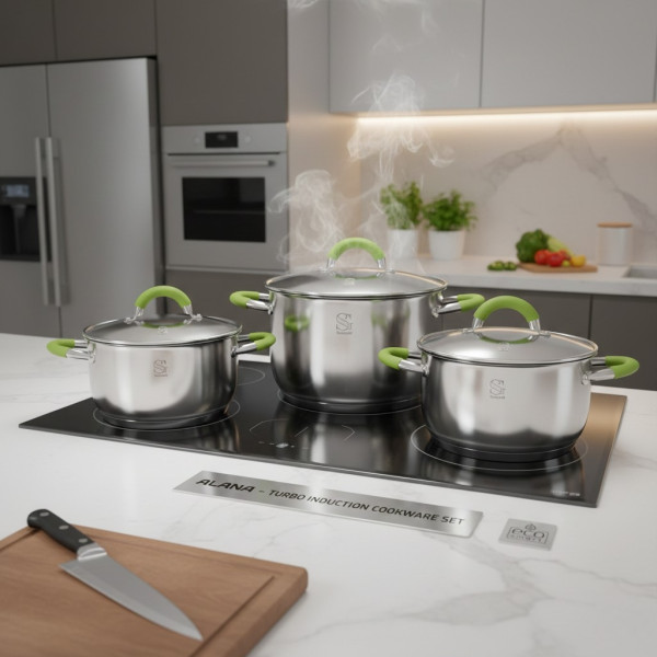 Комплект тенджери Swisgold Alana – 3 броя с капак от неръждаема стомана с 5-слойно капсулно дъно