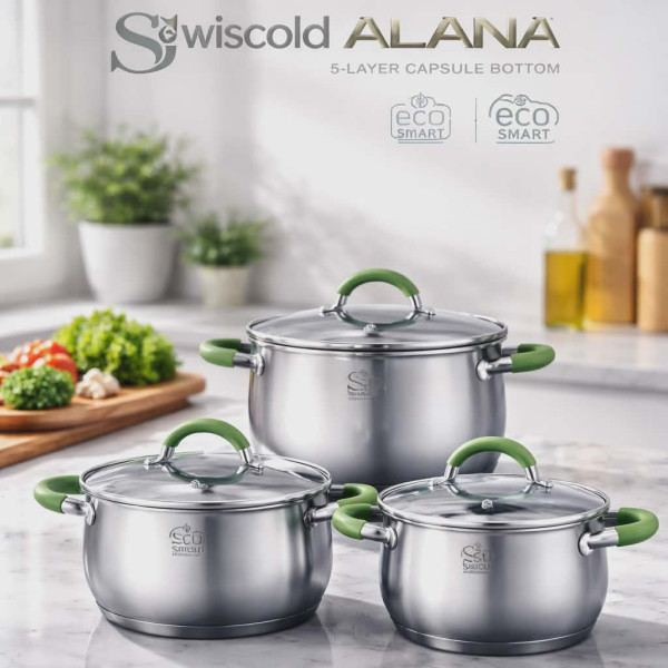Комплект тенджери Swisgold Alana – 3 броя с капак от неръждаема стомана с 5-слойно капсулно дъно
