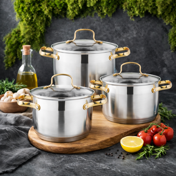 Луксозен комплект тенджери с неръждаема стомана и златисти дръжки – перфектният избор за всяка кухня 1