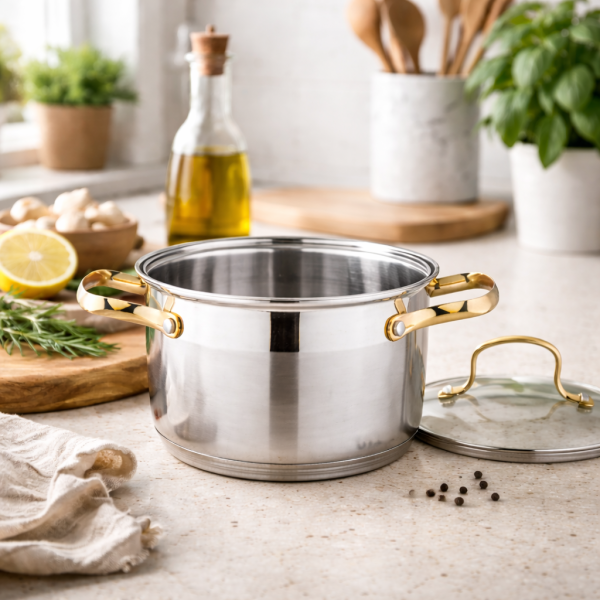 Луксозен комплект тенджери с неръждаема стомана и златисти дръжки – перфектният избор за всяка кухня