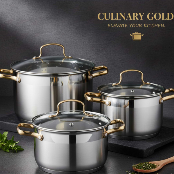 Луксозен комплект тенджери с неръждаема стомана и златисти дръжки – перфектният избор за всяка кухня